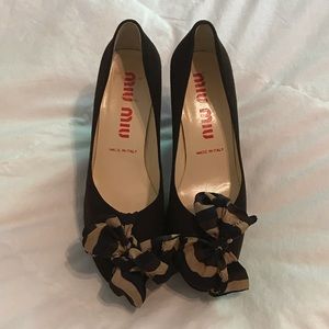 Miu Miu Brown suede platform heels with silk bow